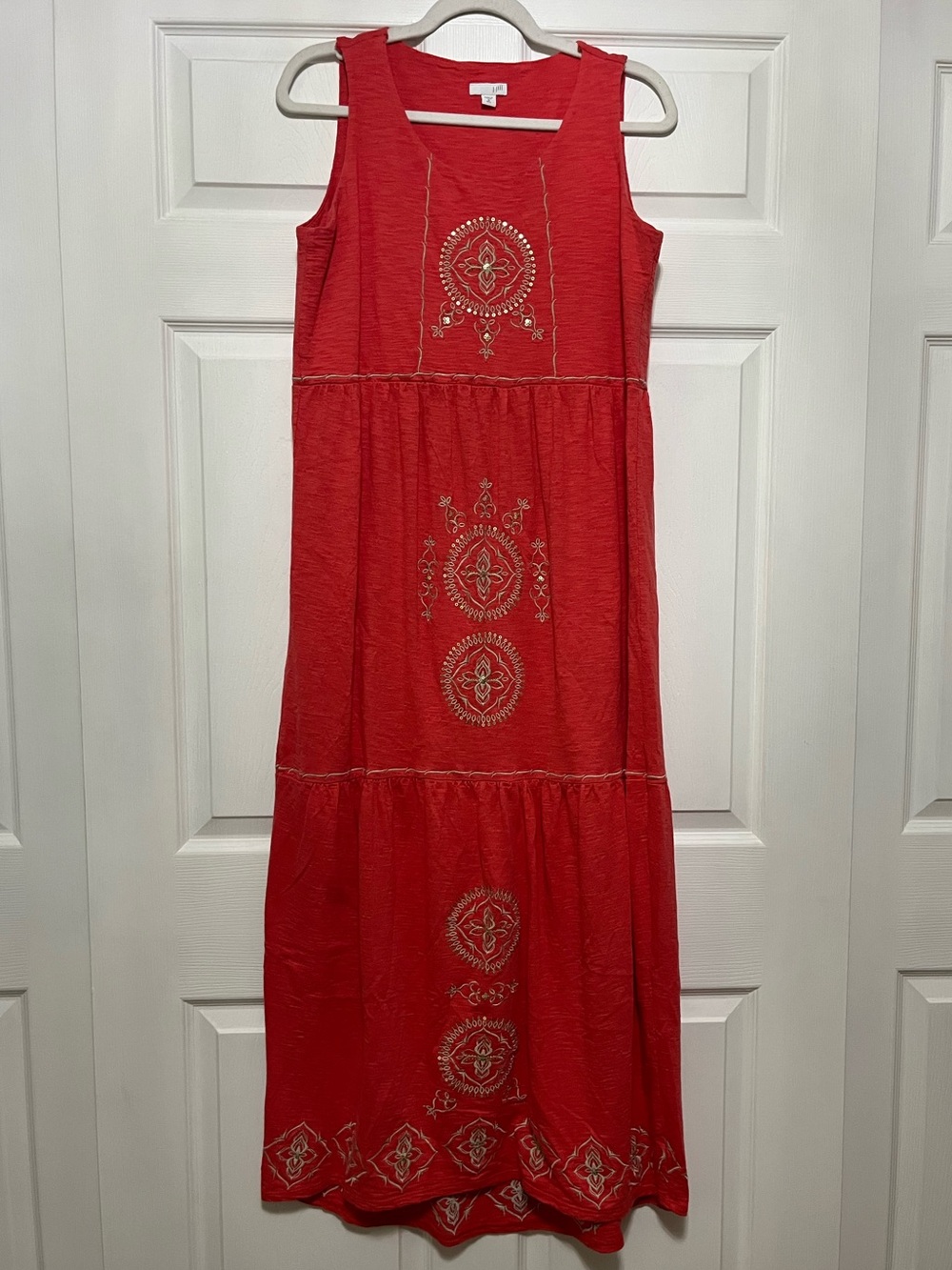 J. Jill Red Orange & Gold Medallion Sleeveless Embroidered Boho Maxi Dress M